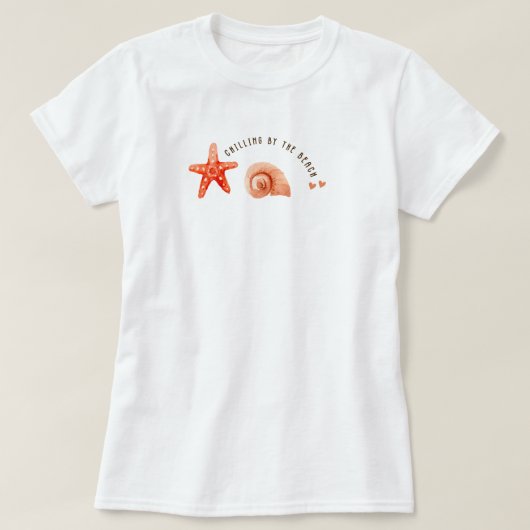 かわいい珊瑚色のビーチのヒトデと貝殻 Tシャツ (デザイン正面)