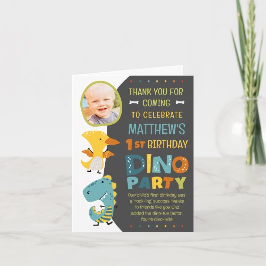 かわいい現代の恐竜子供の写真誕生日パーティー サンキューカード (正面)