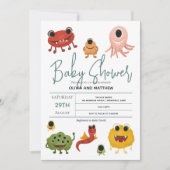 かわいい現代的なカラフルなモンスターの男の子のベビーシャワー 招待状 (正面)