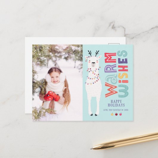 かわいい現代的なクリスマスのラマのストリングライトの写真 シーズンポストカード (正面/裏面インサイチュ)