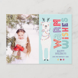 かわいい現代的なクリスマスのラマのストリングライトの写真 シーズンポストカード