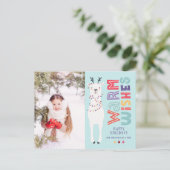 かわいい現代的なクリスマスのラマのストリングライトの写真 シーズンポストカード (スタンド正面)