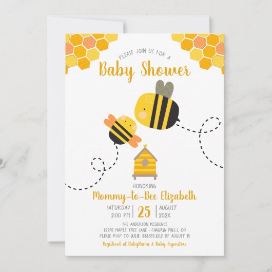 かわいい甘いかわいいママとビーをテーマにした赤ちゃんシャワー 招待状 (正面)