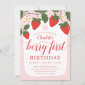 かわいい甘いちご1歳の誕生日 招待状 (正面)