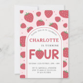 かわいい甘いイチゴ4th誕生日パーティーピンク 招待状 (正面)
