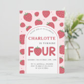 かわいい甘いイチゴ4th誕生日パーティーピンク 招待状 (スタンド正面)