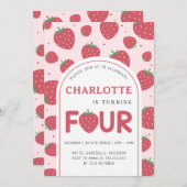 かわいい甘いイチゴ4th誕生日パーティーピンク 招待状 (正面/裏面)