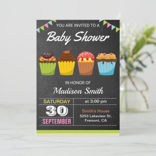 かわいい甘いカップケーキベビーシャワー招待状 招待状 (スタンド正面)