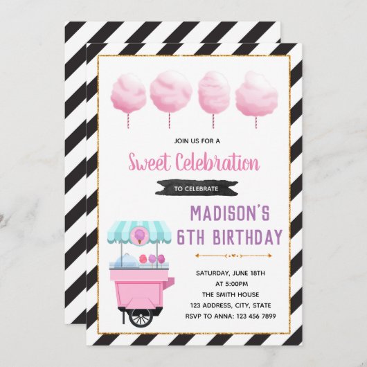 かわいい甘いコットンキャンディパーティの招待状 招待状 (正面/裏面)