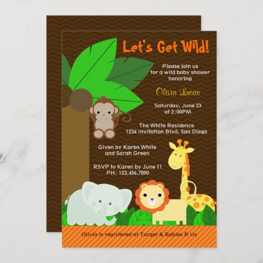 かわいい甘いジャングル動物男の赤ちゃんベビーシャワー 招待状 (正面/裏面)