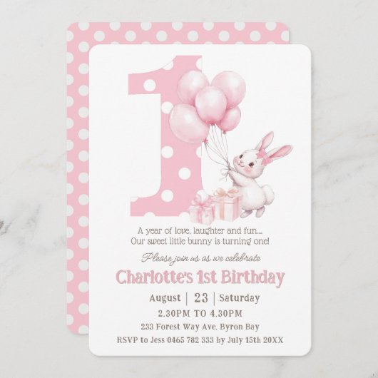 かわいい甘いバニーラビットピンクドットワンバースデー 招待状 (正面/裏面)