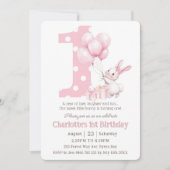 かわいい甘いバニーラビットピンクドットワンバースデー 招待状 (正面)