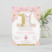 かわいい甘いバニーラビットピンクフローラ1st誕生日 招待状 (スタンド正面)