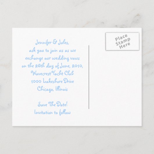 かわいい甘いビーチ結婚式日付はがきを保存 案内ポストカード (裏面)