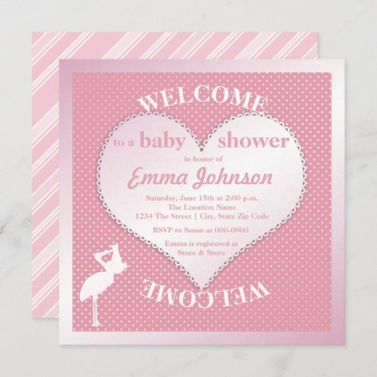 かわいい甘いピンクのコウノトリハートベビーガールシャワー 招待状 (正面/裏面)