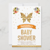 かわいい甘いフローラ金ゴールドバタフライガールズベビーシャワー 招待状 (正面)