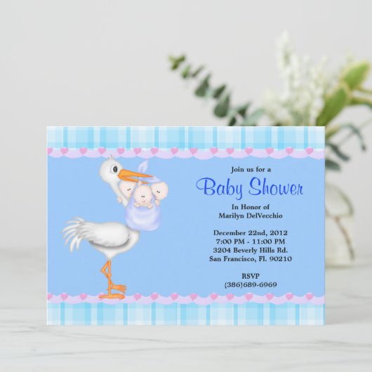 かわいい甘いプラッシュブルーバニーうさぎのベビーシャワー 招待状 (スタンド正面)