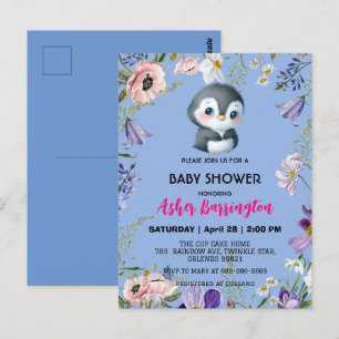 かわいい甘いペンギン素朴の花の赤ちゃんシャワーキッズ ポストカード