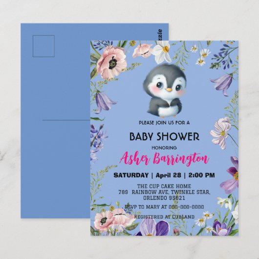 かわいい甘いペンギン素朴の花の赤ちゃんシャワーキッズ ポストカード (正面/裏面)