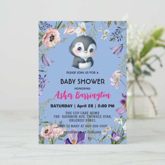 かわいい甘いペンギン素朴の花の赤ちゃんシャワーキッズ 招待状 (スタンド正面)