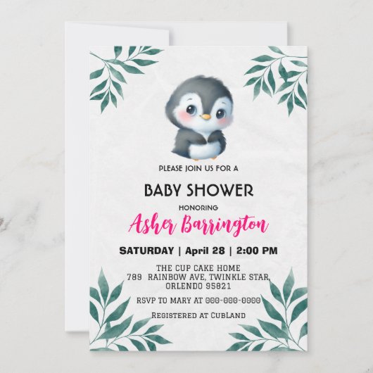 かわいい甘いペンギン葉春の赤ちゃんシャワー子供 招待状 (正面)