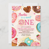 かわいい甘いワンドーナツ女の子1歳の誕生日 招待状 (正面)