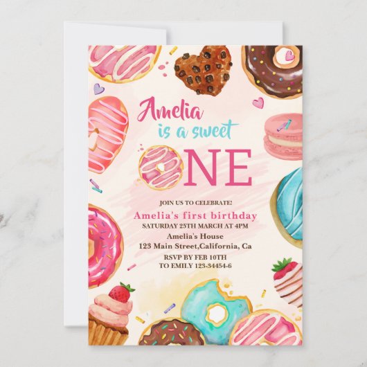 かわいい甘いワンドーナツ女の子1歳の誕生日 招待状 (正面)