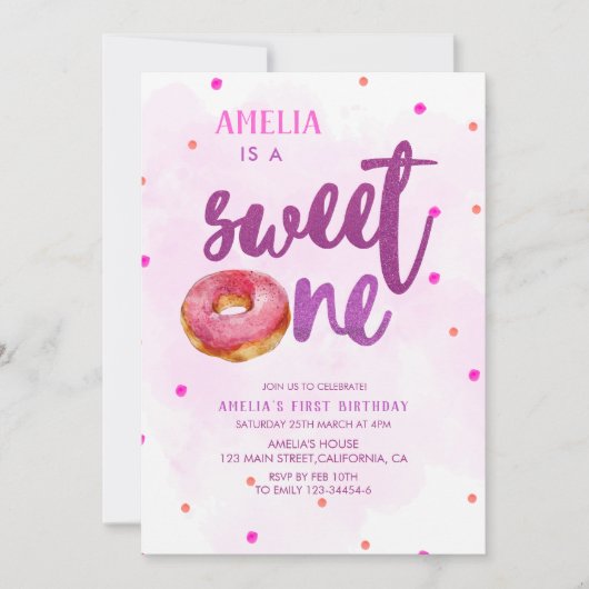 かわいい甘いワンドーナツ女の子1歳の誕生日 招待状 (正面)