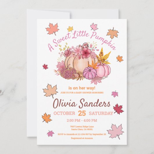 かわいい甘い小さなカボチャ紅葉ベビーシャワー 招待状 (正面)
