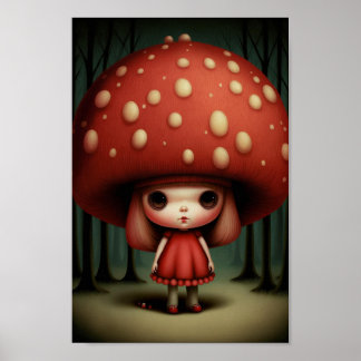 かわいい甘い小さなビッド目のキノコの女の子アート ポスター