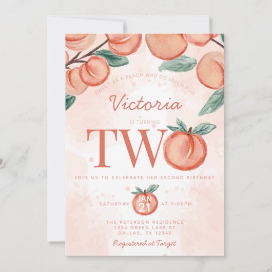 かわいい甘い桃ターニング二つの誕生日パーティー 招待状 (正面)