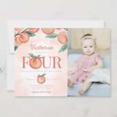 かわいい甘い桃ターニング四歳の誕生日パーティー 招待状 (正面)
