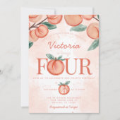 かわいい甘い桃ターニング四歳の誕生日パーティー 招待状 (正面)