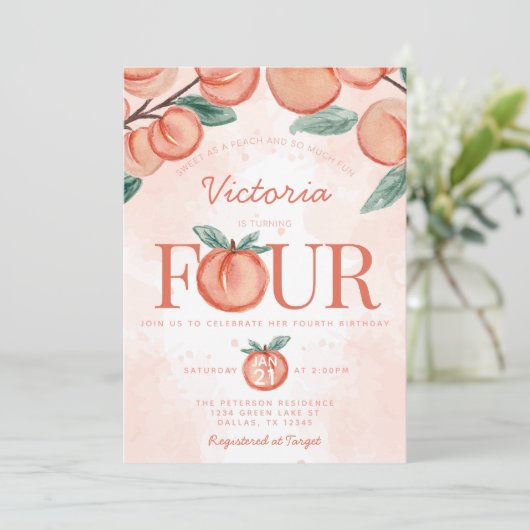 かわいい甘い桃ターニング四歳の誕生日パーティー 招待状 (スタンド正面)