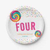 かわいい甘い棒つきキャンデーキャンディ4歳の誕生日 ペーパープレート (正面)