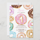 かわいい甘い1水色ドーナツ1歳の誕生日 招待状 (正面)