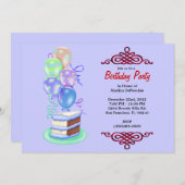 かわいい甘い2日ケーキと風船 招待状 (正面/裏面)