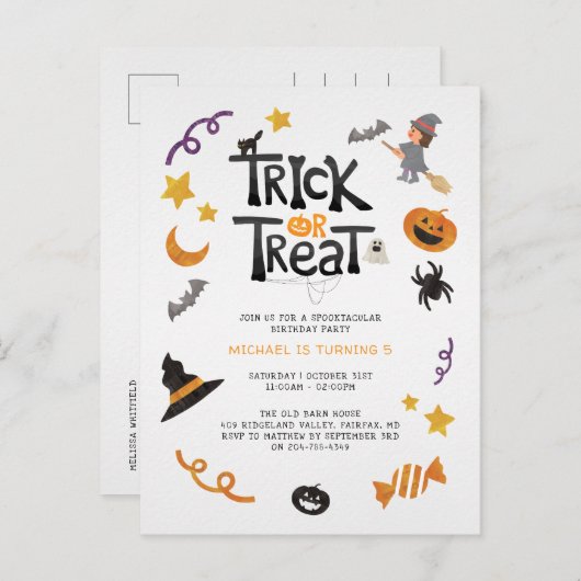 かわいい生き物ハロウィンモンスターバースデーパーティー インビテーションポストカード (正面/裏面)