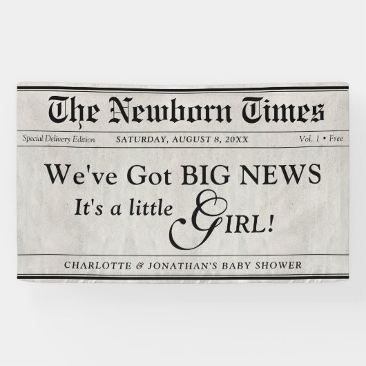 かわいい生まれたばかりのタイムズ新聞赤ちゃんガールボーイ・シャワー 横断幕 (横)