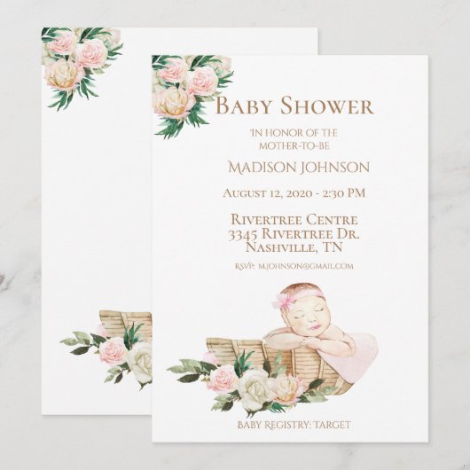 かわいい生まれたばかりのベビーバスケットフローラピンク赤ちゃんシャワー 招待状 (正面/裏面)
