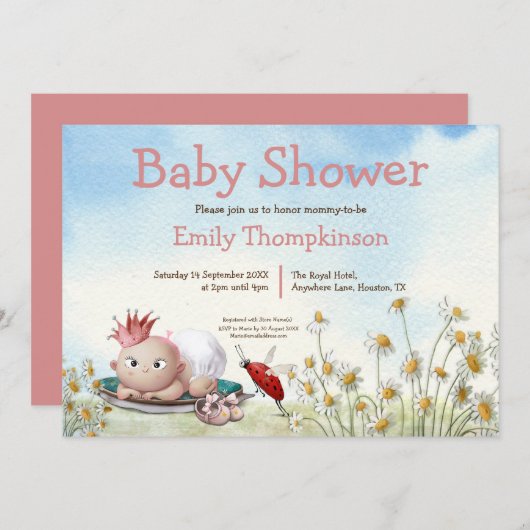 かわいい生まれたばかりの女の子プリンセスデイジーベビーシャワー 招待状 (正面/裏面)