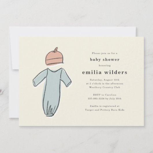 かわいい生まれたばかりの服男女兼用赤ちゃんシャワー 招待状 (正面)