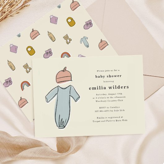 かわいい生まれたばかりの服男女兼用赤ちゃんシャワー 招待状