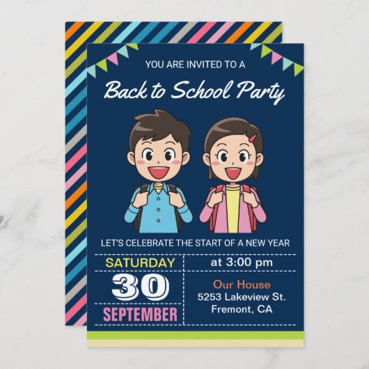 かわいい生徒 |新学期パーティの招待状 招待状 (正面/裏面)