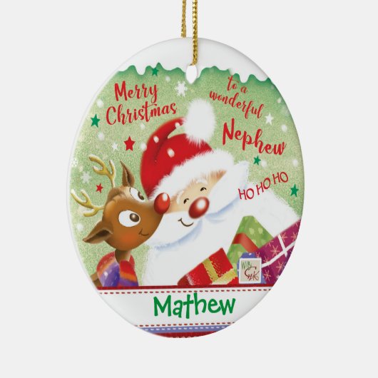 かわいい甥さん、サンタ、鹿とプレゼント、クリスマス セラミックオーナメント (右)