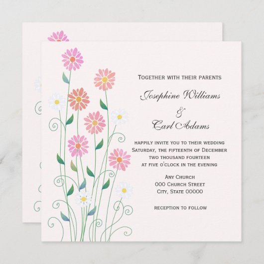 かわいい田園 手描き ピンクと白のデイジー 招待状 (正面/裏面)