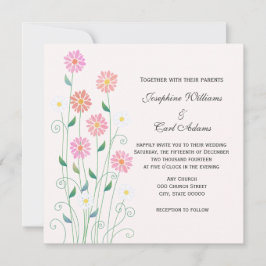 かわいい田園 手描き ピンクと白のデイジー 招待状