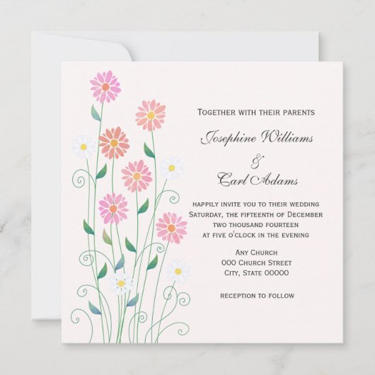 かわいい田園 手描き ピンクと白のデイジー 招待状 (正面)