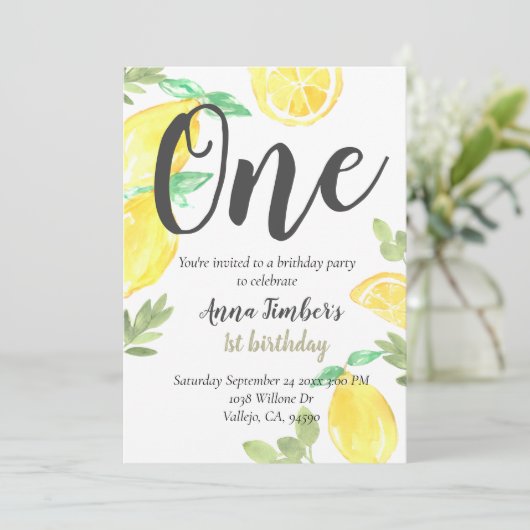 かわいい田舎のレモン第1誕生日キッドパーティー招待状 招待状 (スタンド正面)