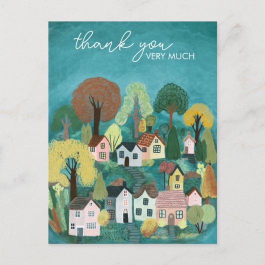 かわいい田舎の村のイラストにお礼を添えて ポストカード (正面)